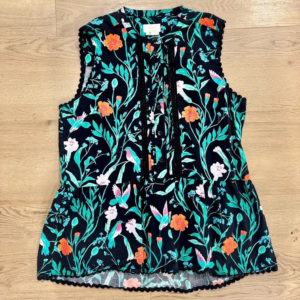 kate spade Green Floral with Black Trim Peplum sleeveless Blouse Shirt